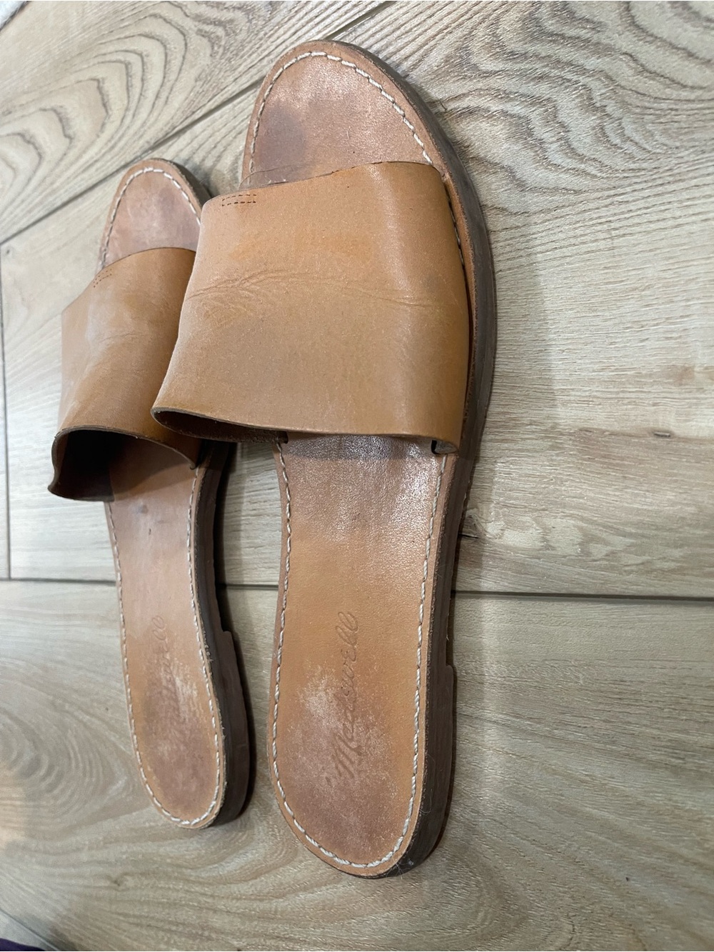 Madewell Cognac Leather Wide-Band Slide Sandals - Picture 2 of 4